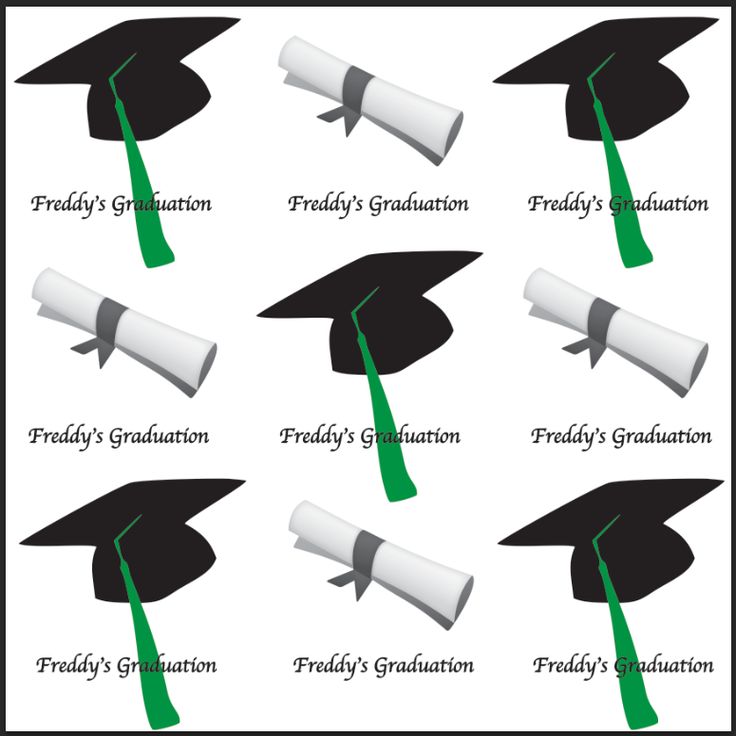 Repeating pattern of graduation caps and scrolls with 'Freddy's Graduation' text on a white background.