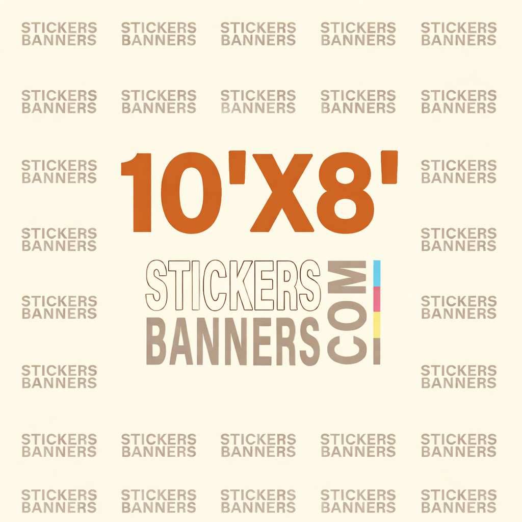 Promotional graphic for Stickers Banners with dimensions 10'x8' and brand logo.