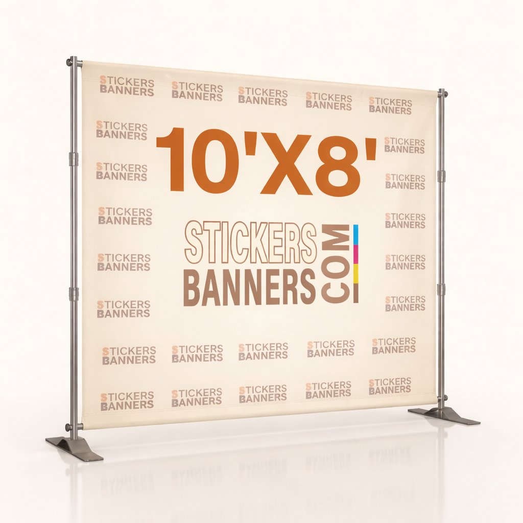 Stickers Banners display stand with a banner indicating size and brand.