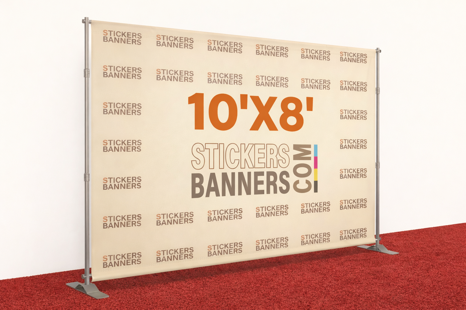 Stickers Banners display stand with '10'x8' StickersBanners.com' text on a red carpet.