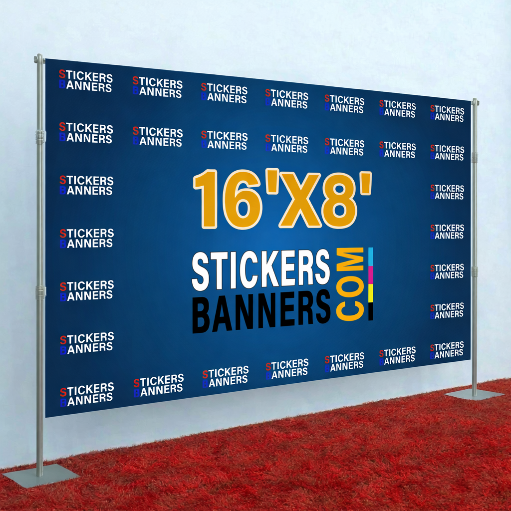Large blue promotional banner for Stickers Banners with text and branding.