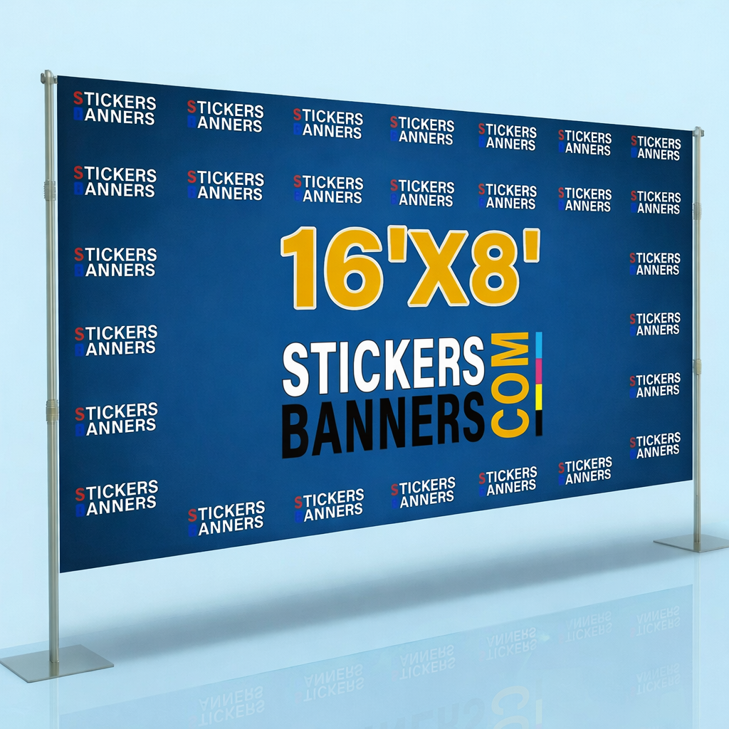 Stickers Banners display with dimensions 16'x8' on a blue background