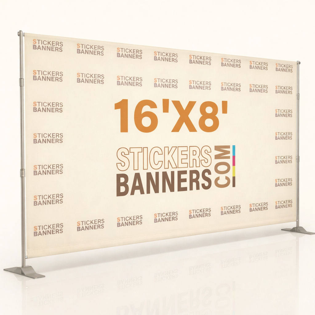 Stickers Banners display with dimensions 16'x8' and branding on a white background
