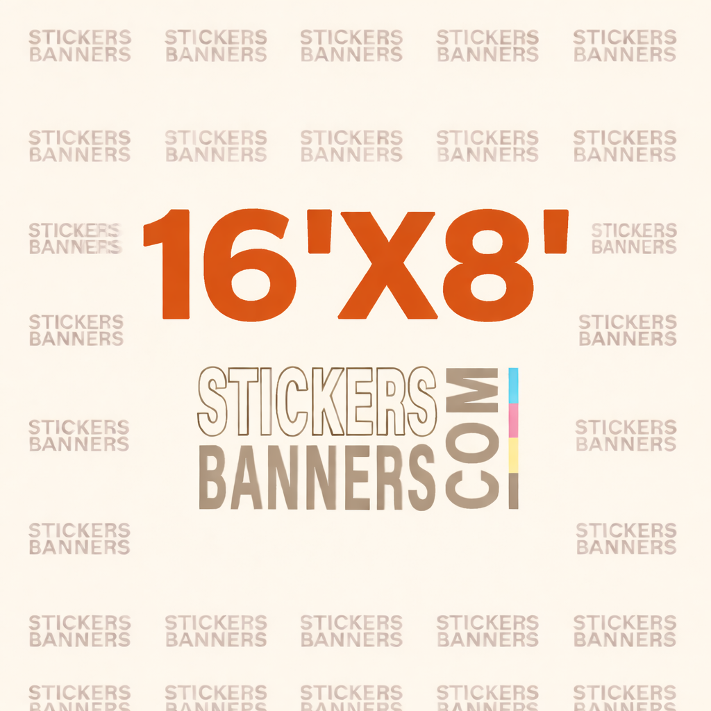 Promotional graphic for Stickers Banners with dimensions 16'x8' on a light background.