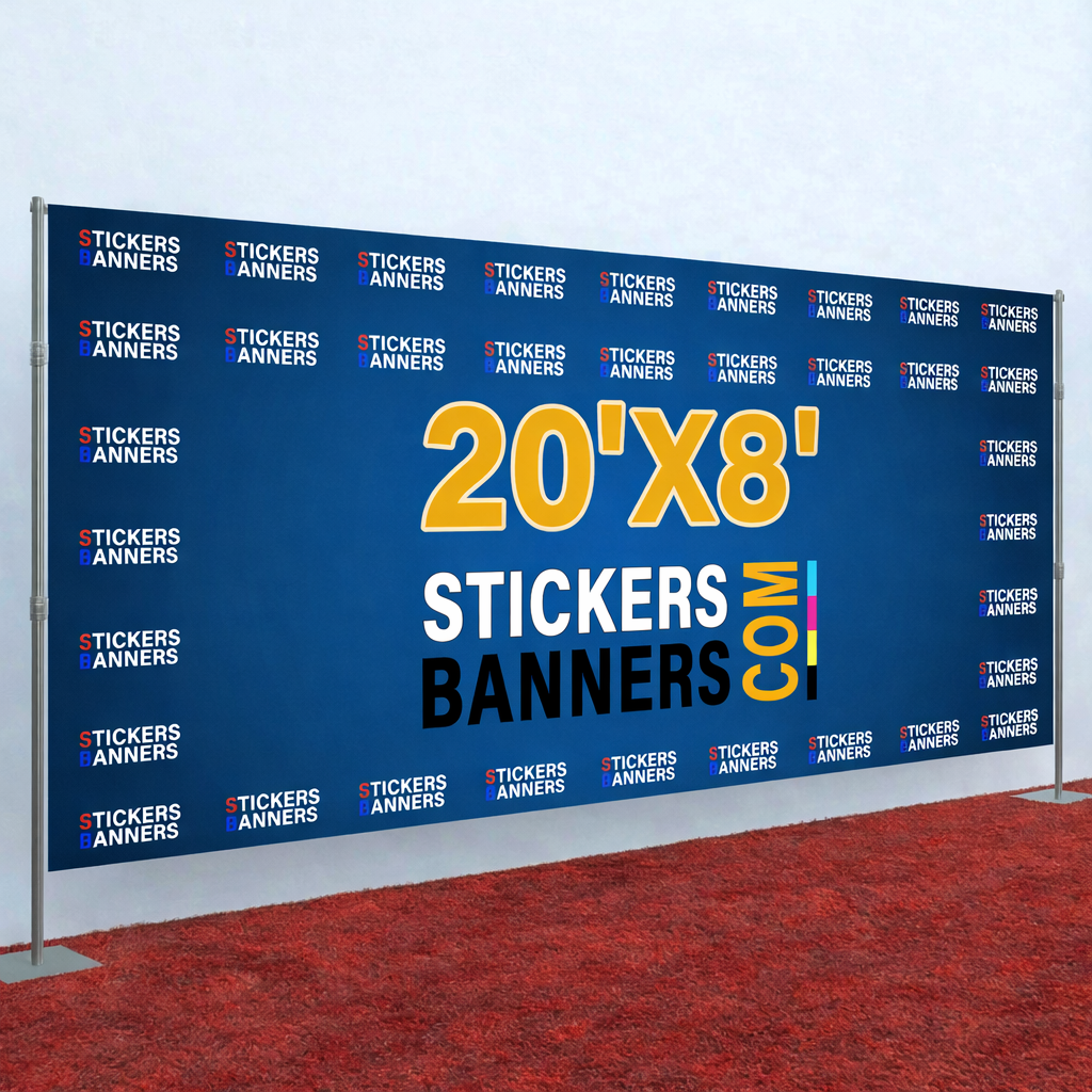 Large blue banner with 'Stickers Banners' branding and dimensions on a red carpet.