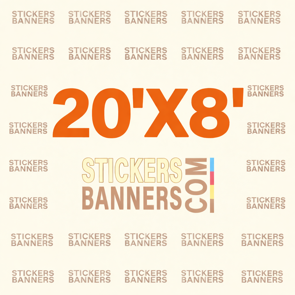 Promotional graphic for 20'x8' stickers and banners with 'Stickers Banners Mw' branding.