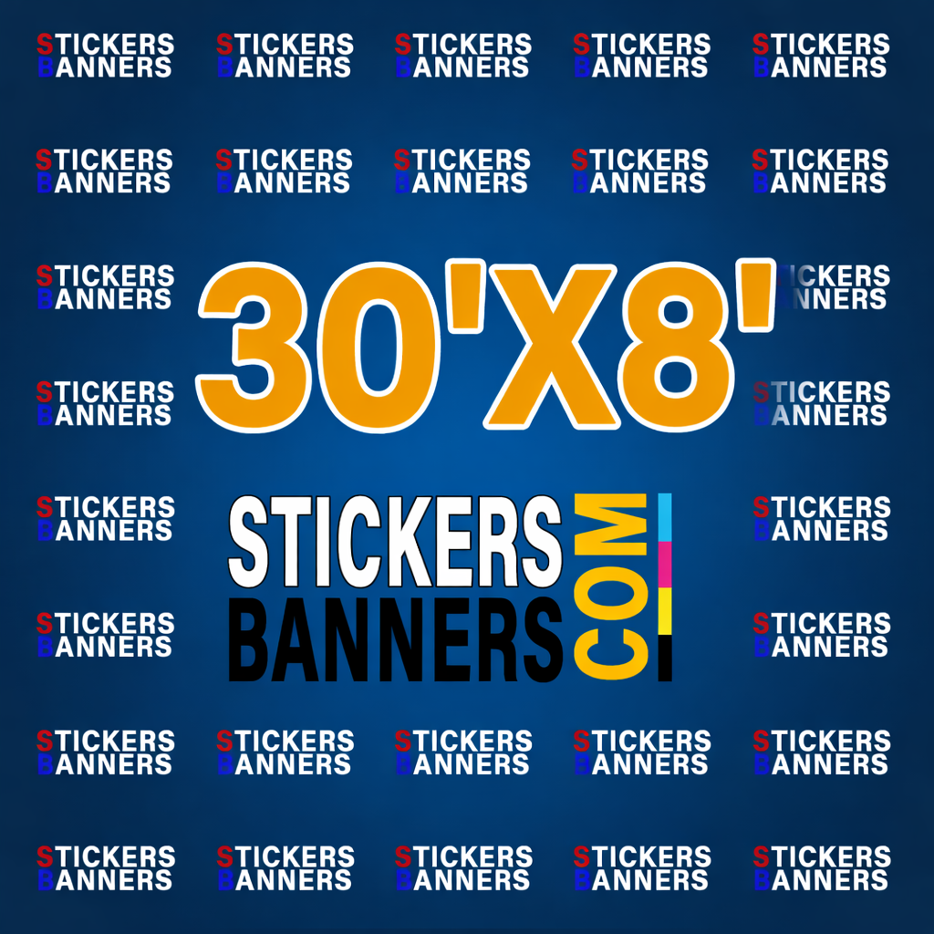 Promotional graphic for Stickers Banners with text and logo on a blue background