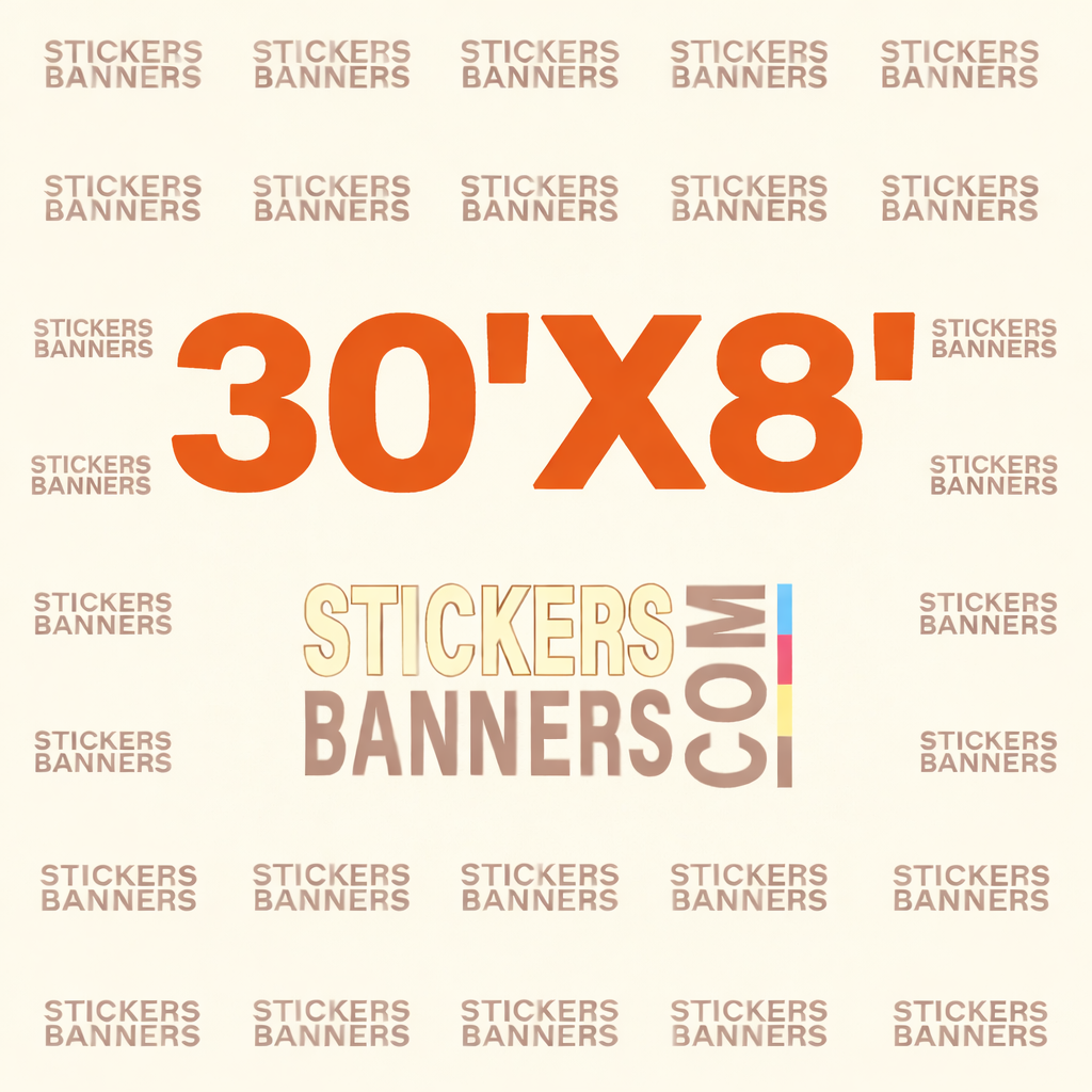 Promotional graphic for Stickers Banners with dimensions 30'x8' and brand name.