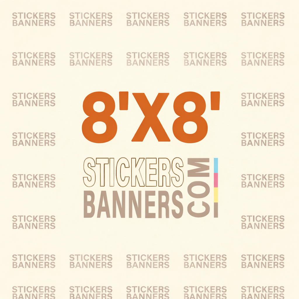 8x8 stickers and banners with a brand logo on a beige background