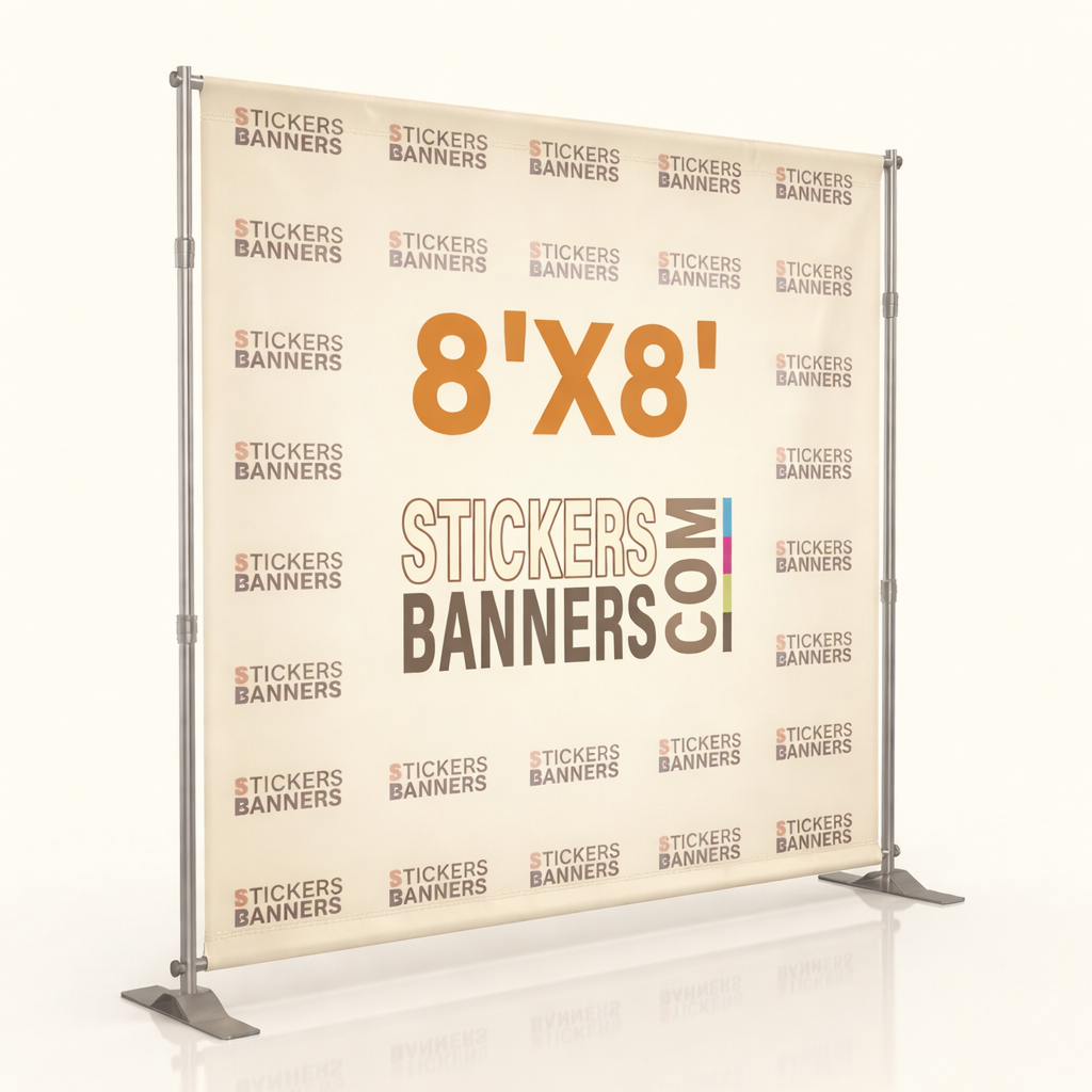 8'x8' banner stand with 'Stickers Banners' branding on a white background