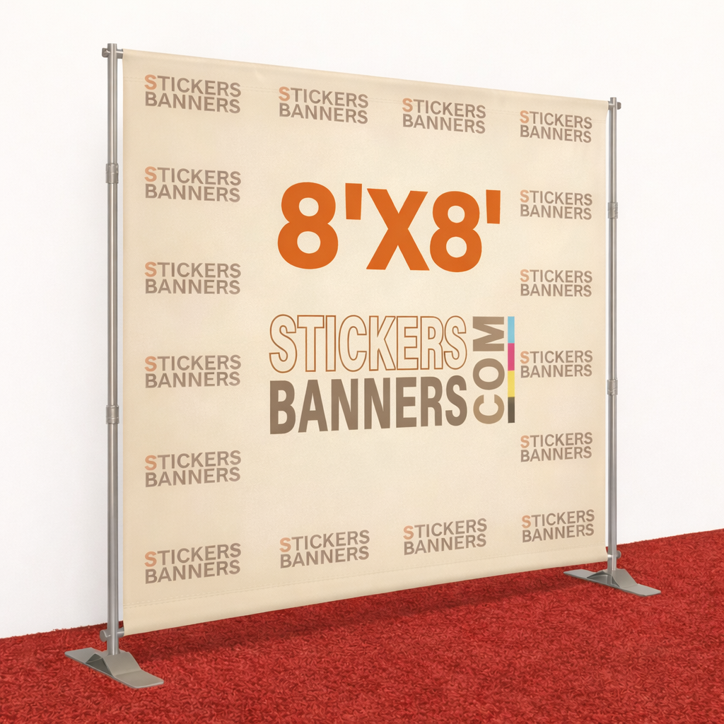 8'x8' banner stand with 'Stickers Banners' branding on a red carpet