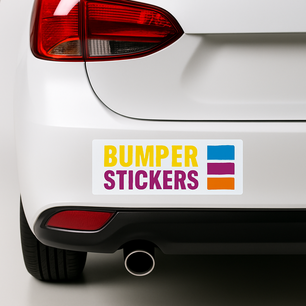 Car with a bumper sticker labeled 'BUMPER STICKERS' on the back