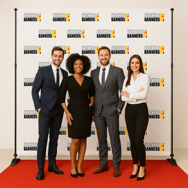 Four professionals posing on a red carpet with a branded backdrop