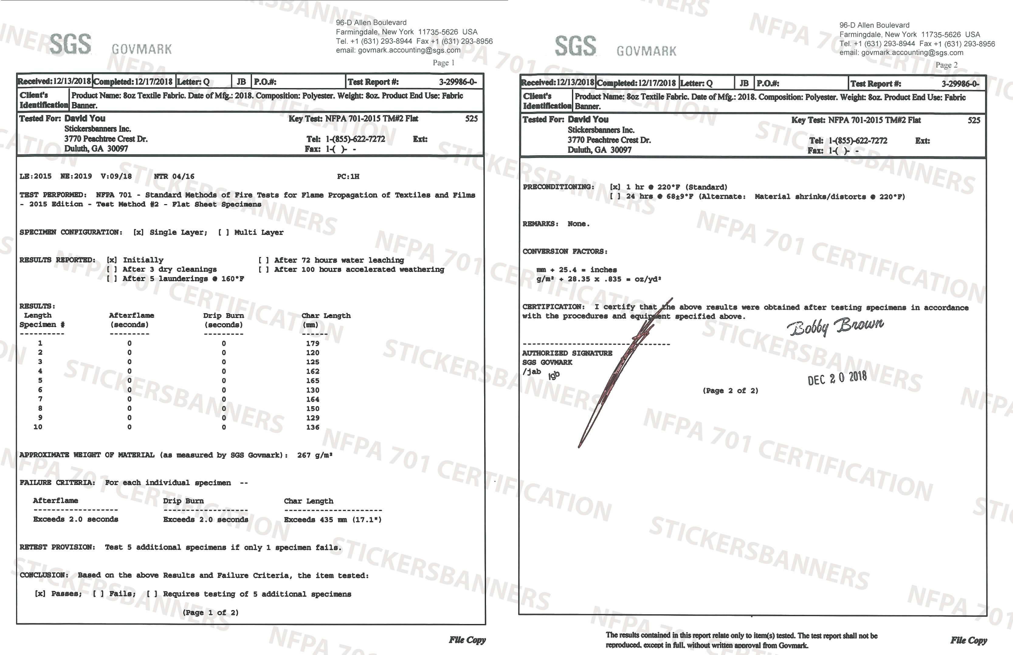 NFPA 701 Certificate
