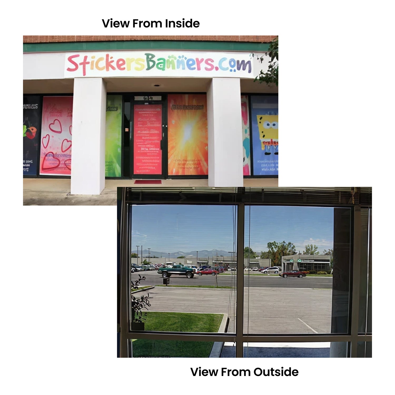 Comparison of a store front from inside and outside showing colorful signs and reflections.