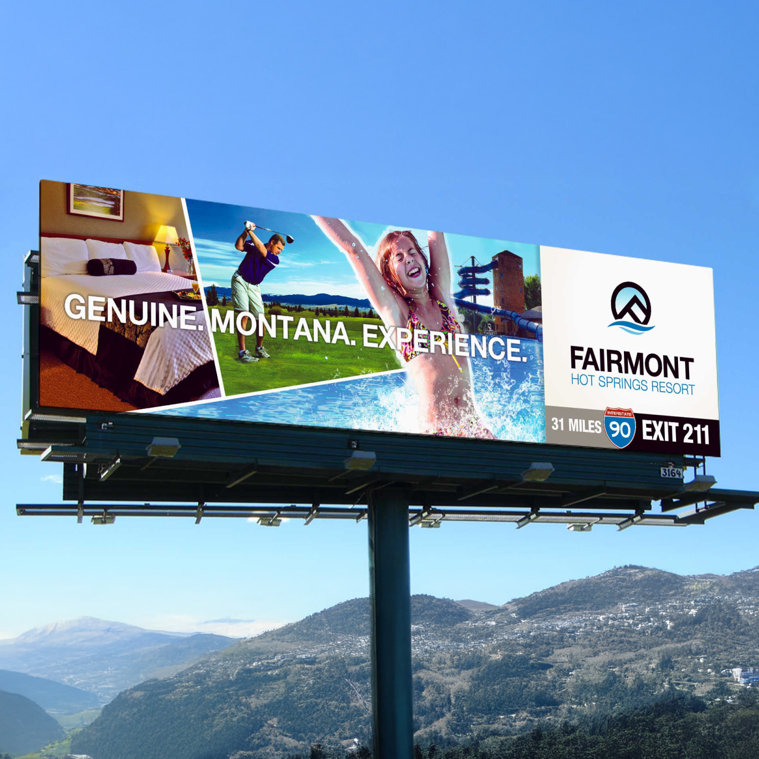 Billboard advertising Fairmont Hot Springs Resort with scenic views and promotional text.
