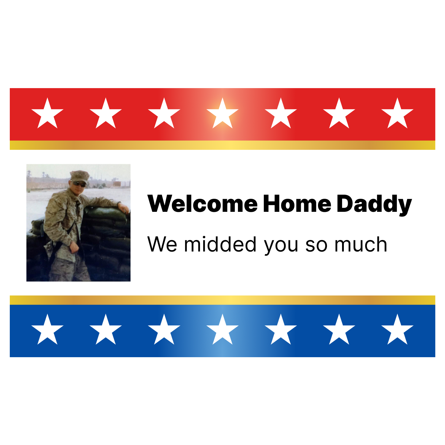 Welcome home card with a soldier and patriotic design