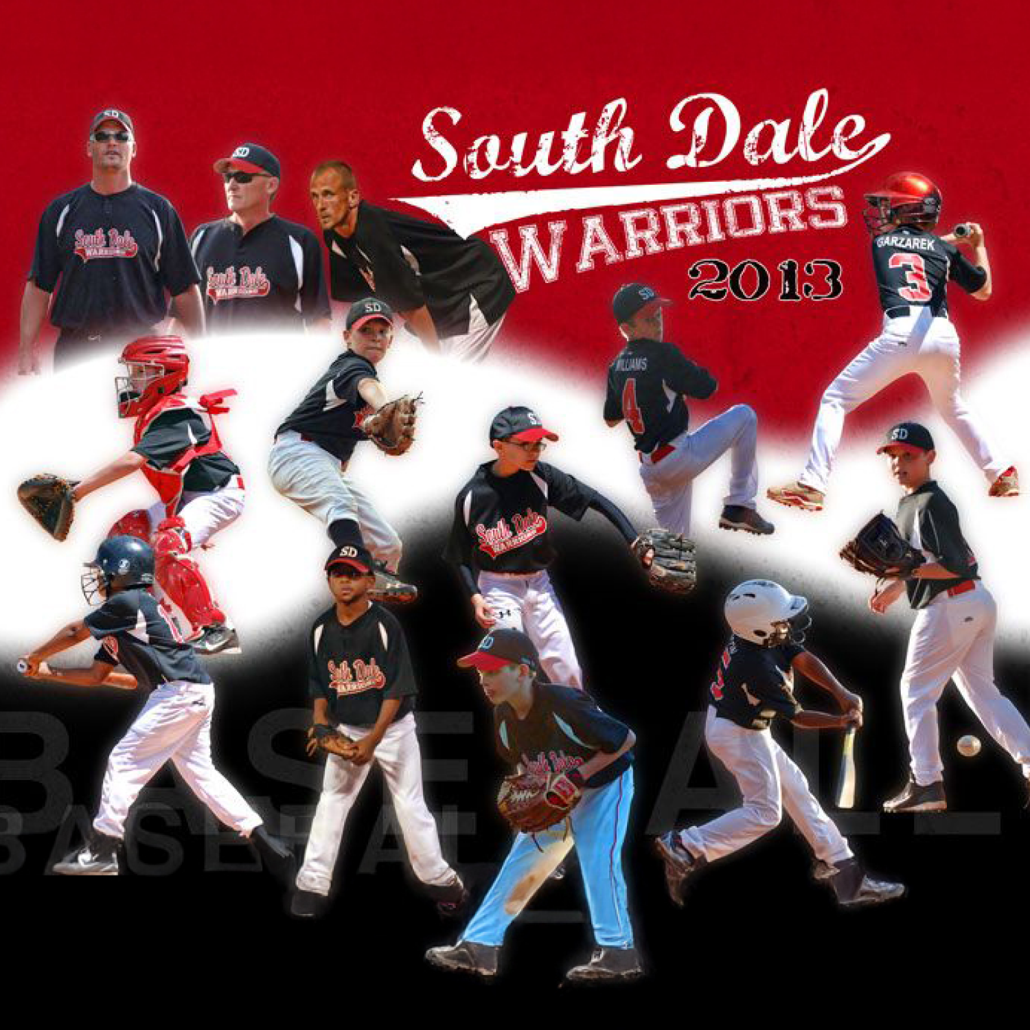 Collage of baseball players with 'South Dale Warriors 2013' text on a red and black background
