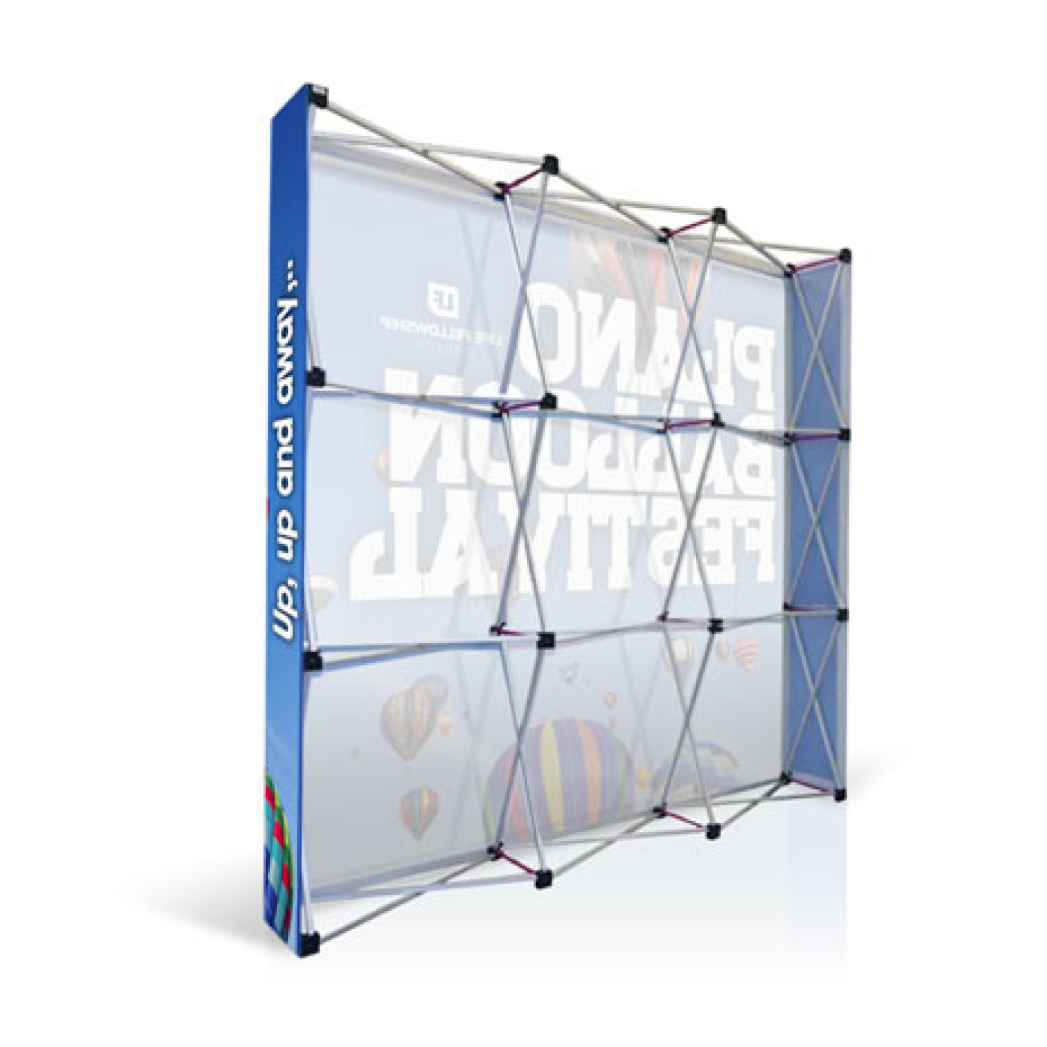 Portable display stand with text and graphics on a white background