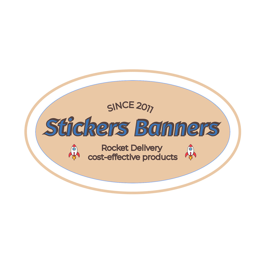 Logo for Stickers Banners with text 'Since 2011' and 'Rocket Delivery cost-effective products' on a beige background.