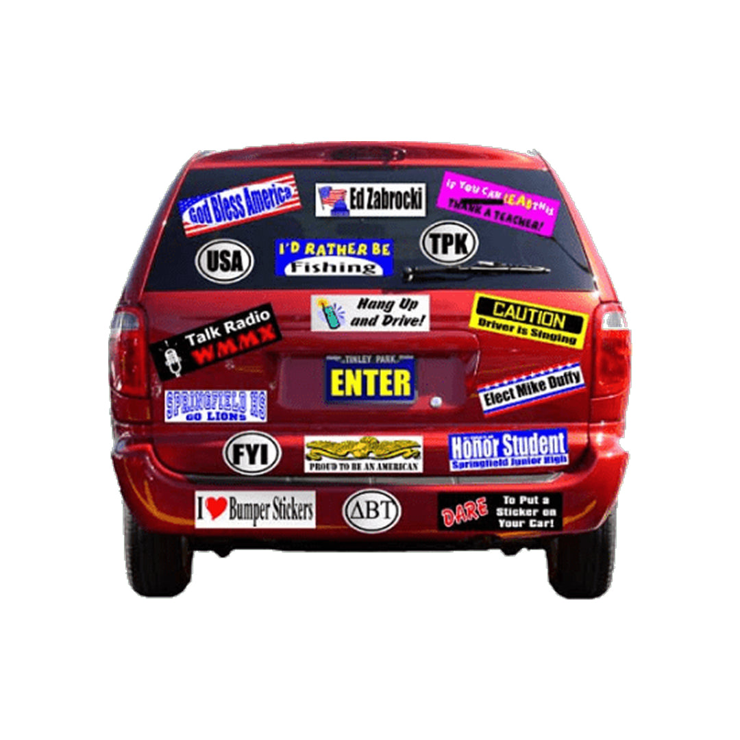 Red car with various bumper stickers on a white background