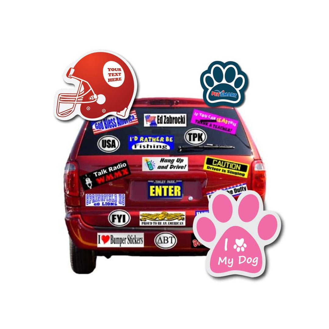 Car with various bumper stickers on a white background