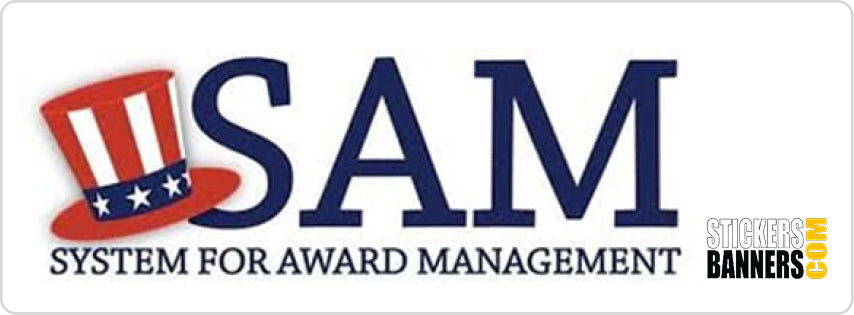 Logo of SAM System for Award Management with a top hat design on a white background.