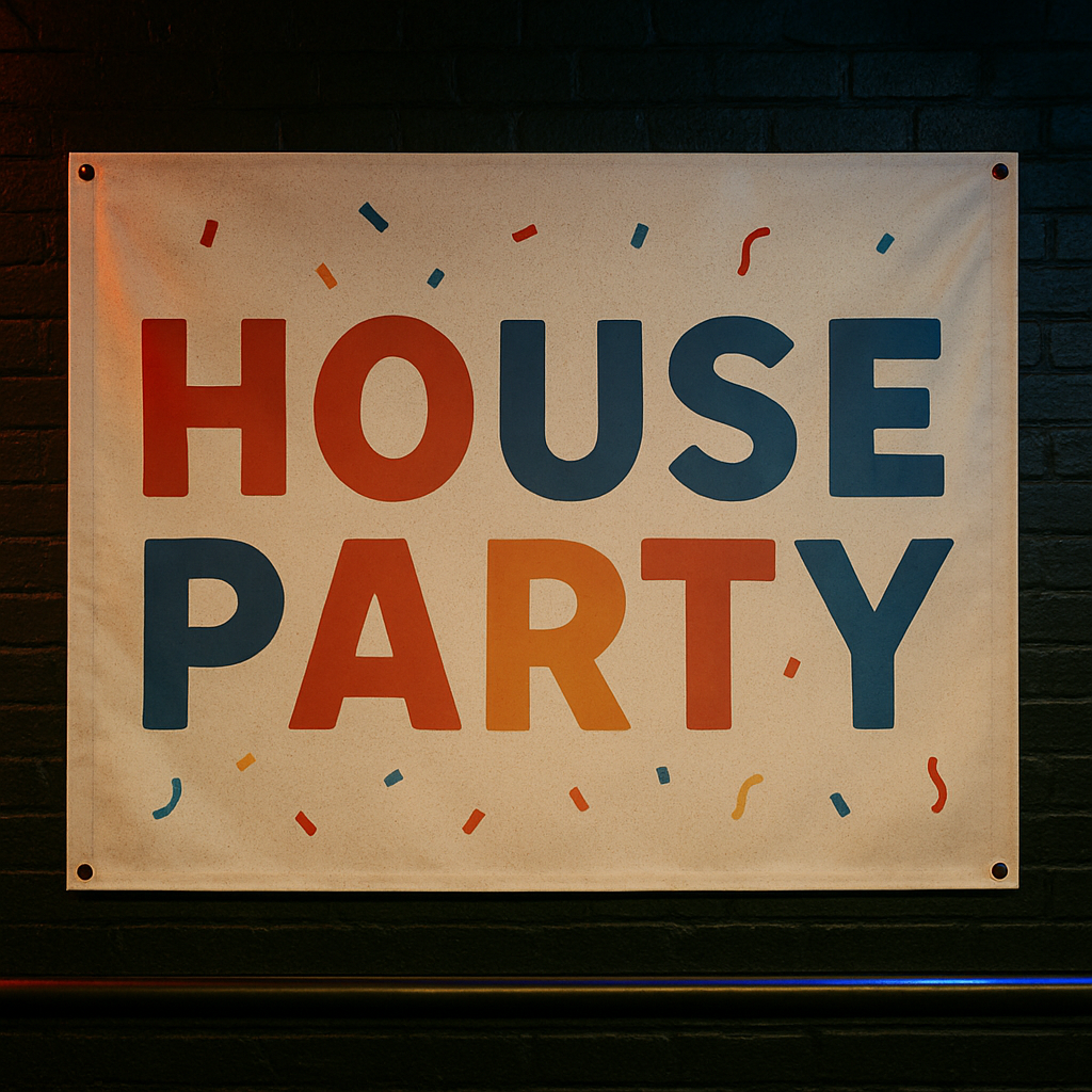 Poster with 'HOUSE PARTY' text in red and blue on a dark brick wall background
