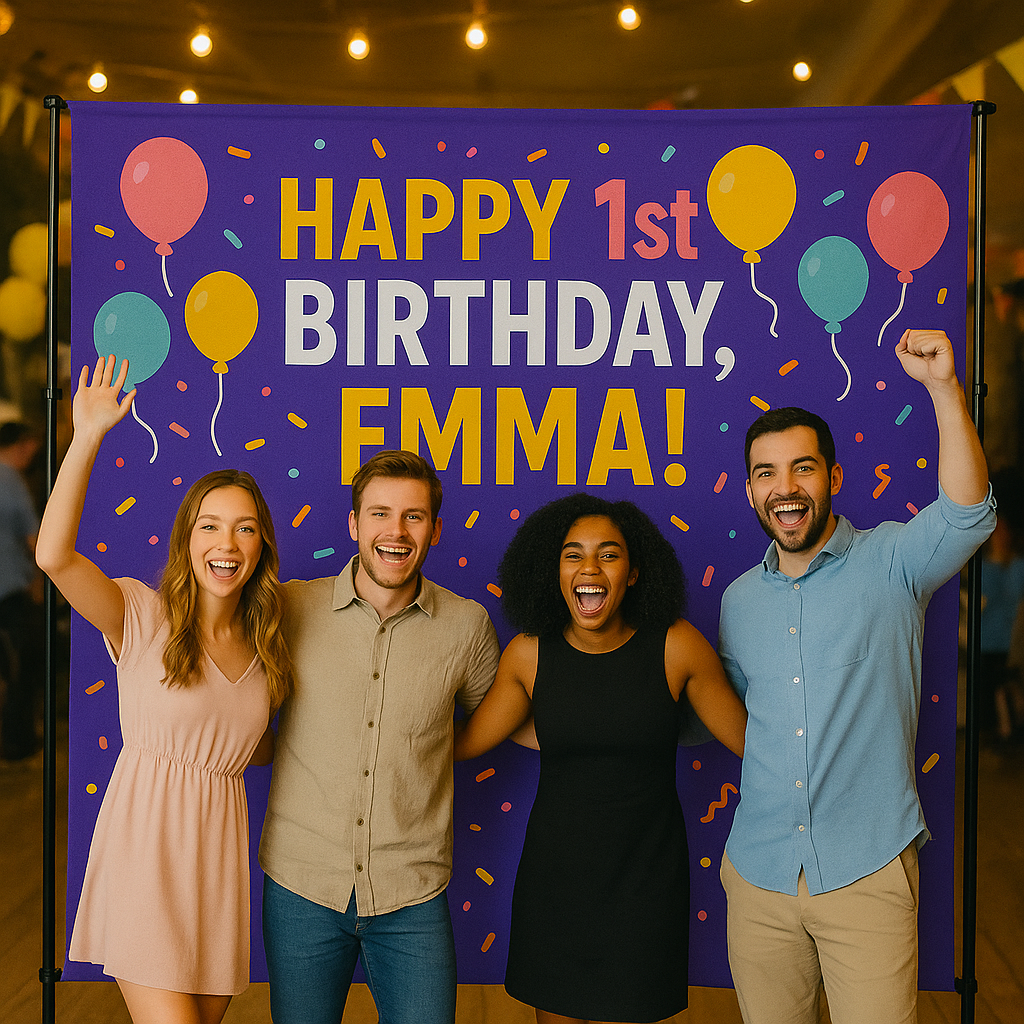 Group of four people celebrating a birthday with a colorful 'Happy 1st Birthday, Emma!' backdrop.