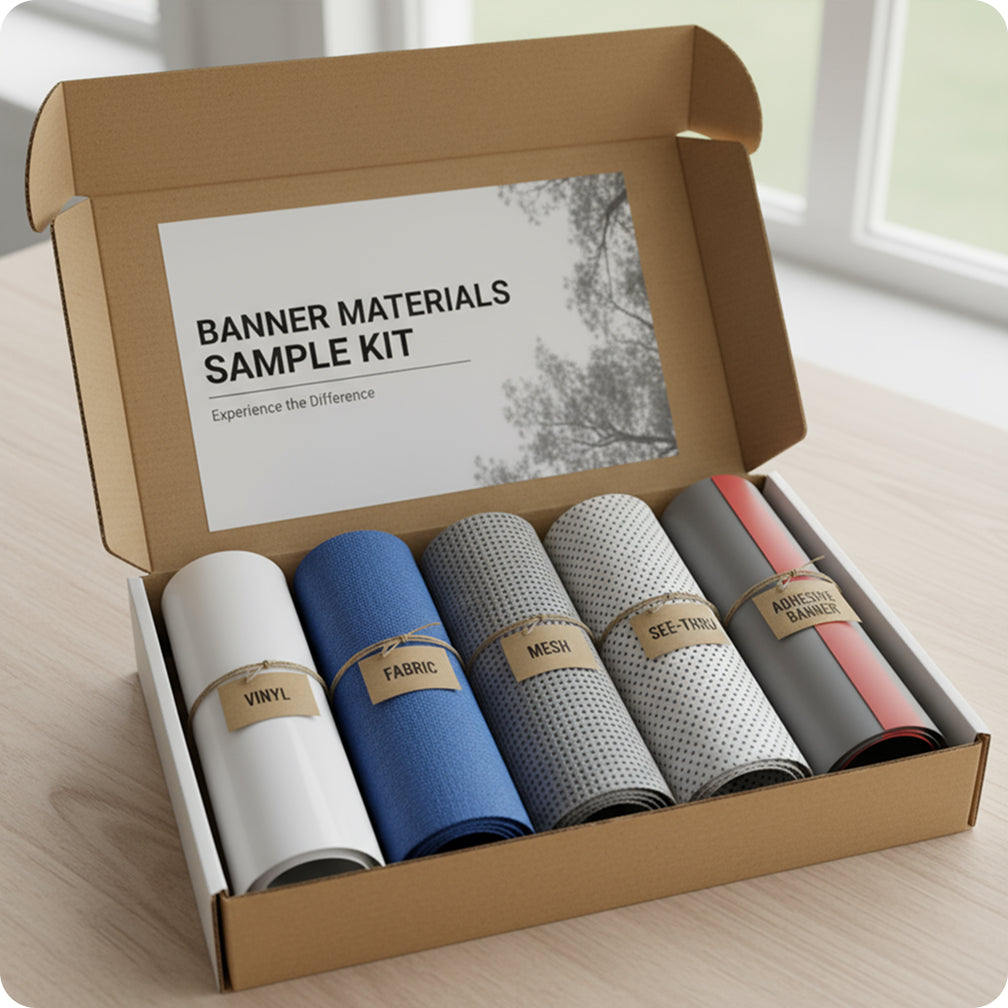Box of banner materials sample kit with various colored fabrics on a light wooden surface.