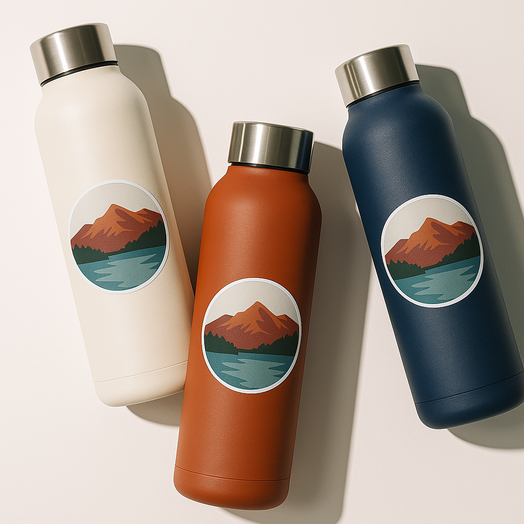 Three insulated bottles in white, orange, and blue with mountain and lake design on a light background