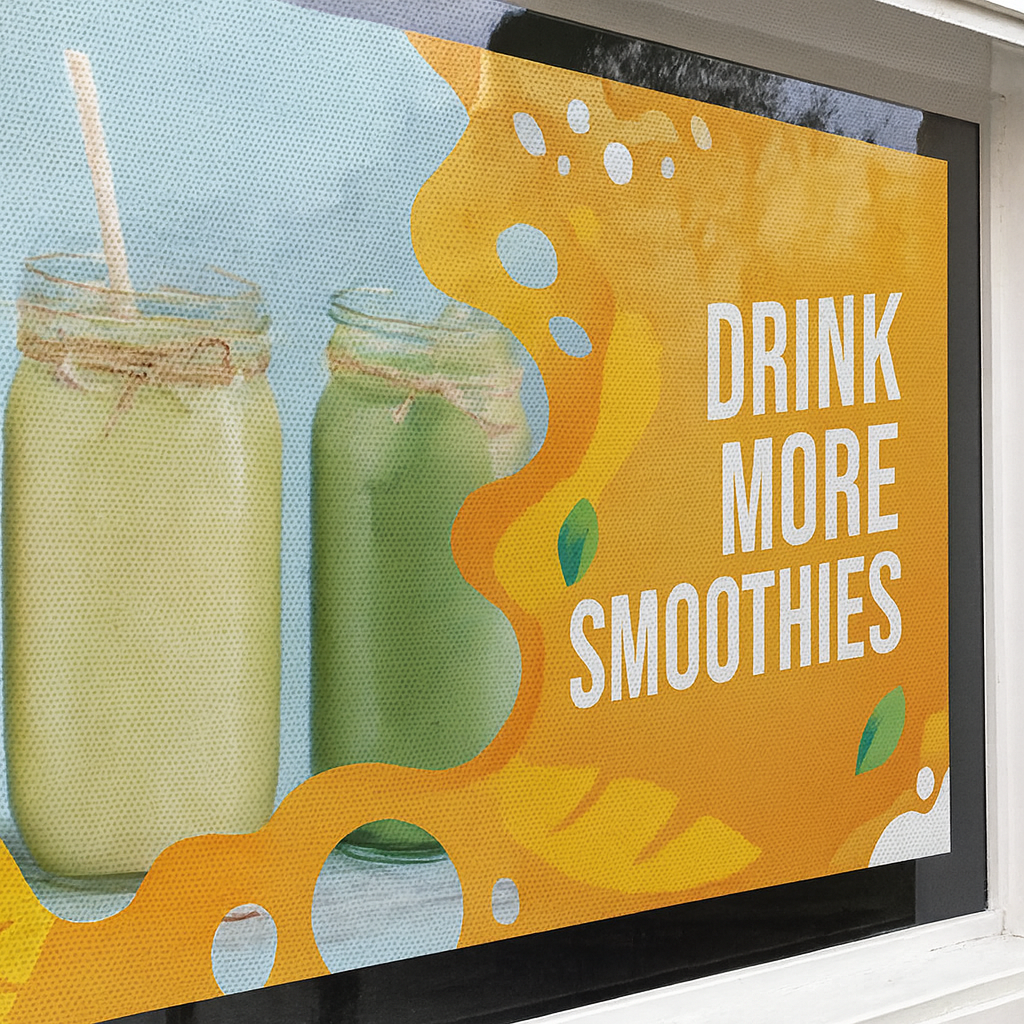 Two smoothies in jars with a straw next to a promotional sign encouraging 'Drink More Smoothies'.