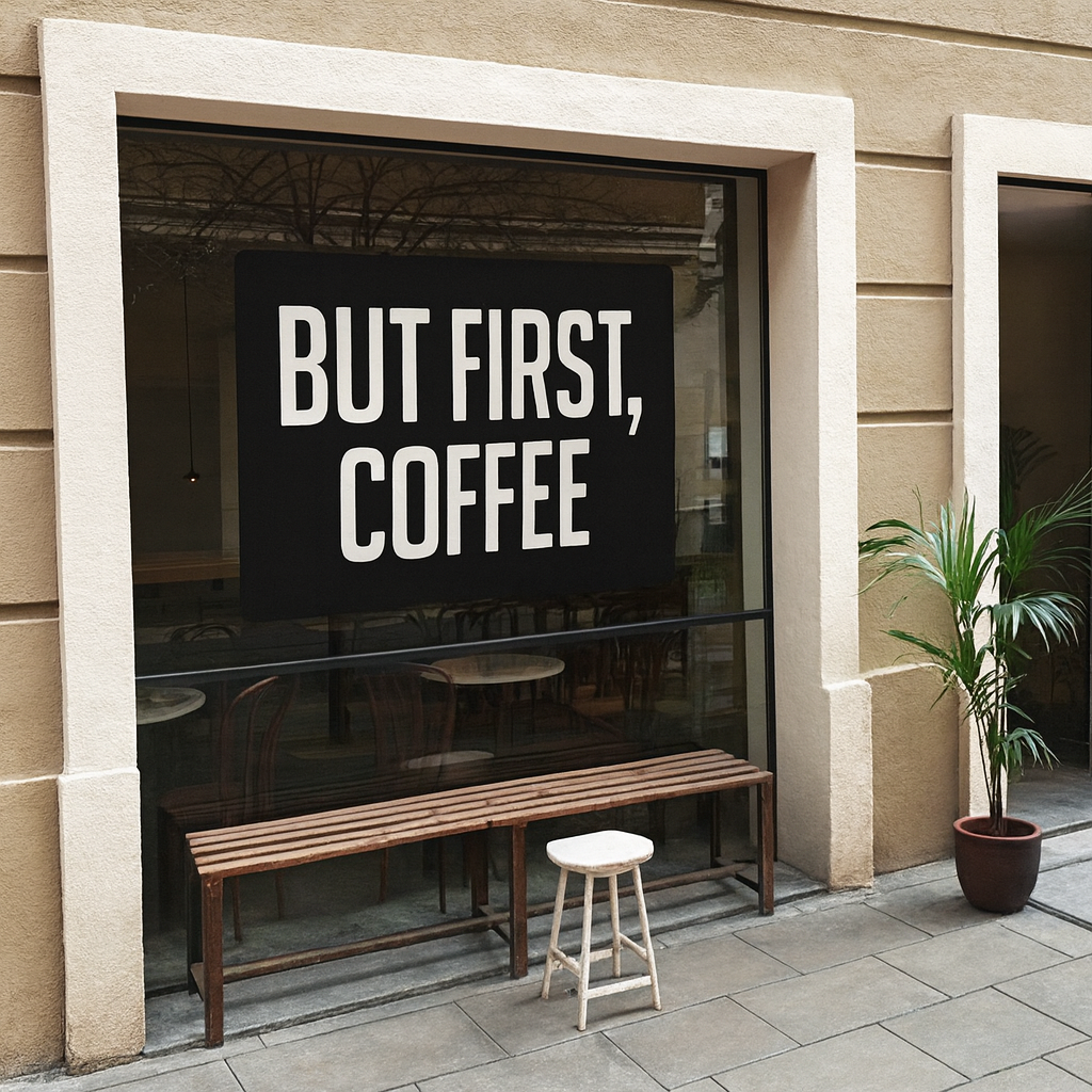 Coffee shop entrance with 'But First, Coffee' sign on glass door