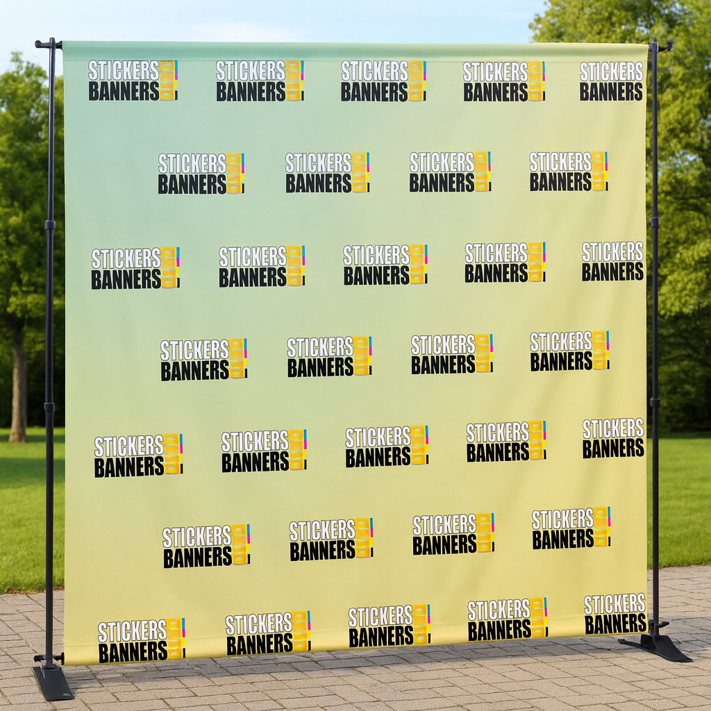 Step and repeat banner with 'Stickers Banners' text and logo on a green background.
