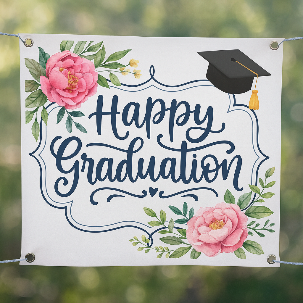 Graduation-themed banner with flowers and a cap against a blurred green background