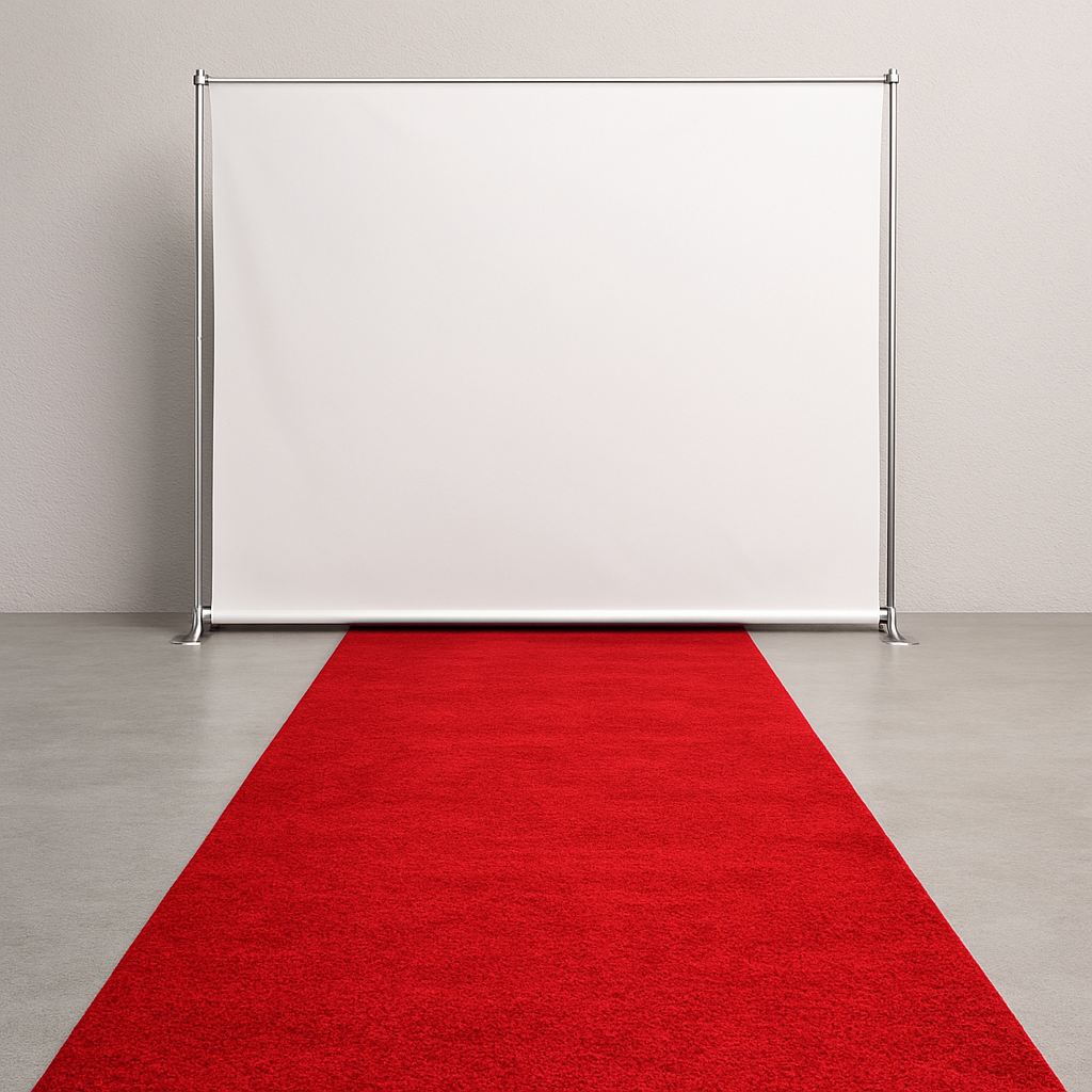 Red carpet leading to a white backdrop