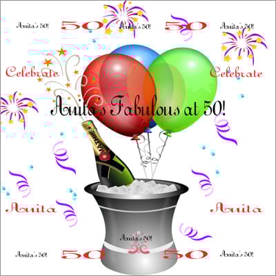 50th birthday celebration card with balloons, champagne, and fireworks.