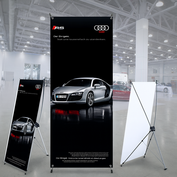 Audi RS car displayed on a large vertical banner in a showroom setting.